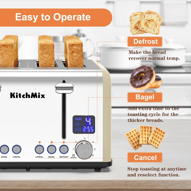 Toaster 4 Slice, KitchMix Bagel Stainless Toaster with LCD Timer,