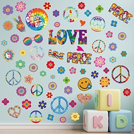 8 Sheets 60's Hippie Theme Party Stickers,Colorful Peace Sign Stickers Peace and Love Flower Car Stickers,Hippie Bumper Sticker Decals for Wall Car Window Laptops Guitar Skateboards Luggage