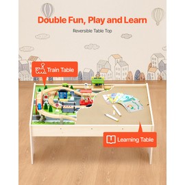 VEVOR Train Table, 84 Multicolor Pieces Wooden Kids Activity Table with Collapsible Storage Bin, 3-in-1 Wooden Train Set for Gaming, Drawing, Reading, Eating, Creative Toy Set for Kids Ages 3+