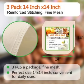 3 Pack Nut Milk Bag 14"x14", Cheesecloth bags for Straining Reusable, 100% Unbleached Cotton Cloth, Almond/Oat/Soy Milk Strainer, Filter Bag for Cheese/Yogurt/Juice/Cold Brew Coffee Wine/Soup/Herbs