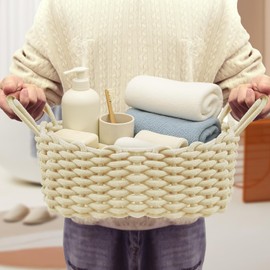 Braided Storage Basket, Washable and Foldable, Basket with Leather Handles, Storage Box Ideal for Accessories, Cosmetics, Bathroom