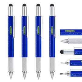 4 Pieces Multitool Pen with Extra Refill, 6-in-1 Tool with Ruler & Screwdriver, Multifunctional Metal Ballpoint Pen, Cool Gadget for Men, Gift for Husband, Dad, Father, Friend (Blue)