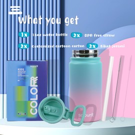 Water Bottle, 16oz Water Bottles with Straw and Stickers, Stainless Steel Vacuum Double Wall Insulated cup,Water Bottle for School, Gifts for Girls (16OZ GREEN PINK+16OZ PURPLR BLUE)