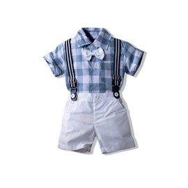 Abolai Baby Boys' Summer Plaid Short Sleeve Suspenders Shorts Outfit Set with White Bowtie Blue 95