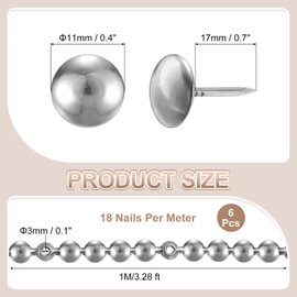 sourcing map 6 Pcs Upholstery Tacks Strips, 3.28ft Decorative Nails Strips D11mm Glossy Nail Trims for Furniture Sofa Headboard Chair DIY Crafts with Upholstery Nails, Silver