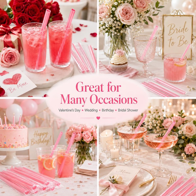 100 Pcs Heart Shaped Pink Straws, Individually Wrapped Disposable Plastic