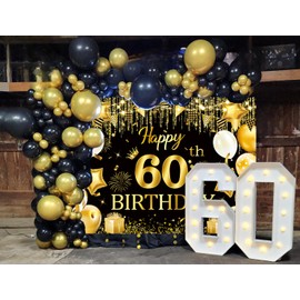 60th Happy Birthday Backdrop Glitter Black and Gold Birthday Photography Background for Women Men Sixty Party Decoration Supplies 6x4ft