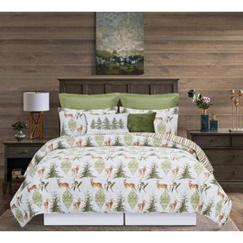 C&F Home Winter Trails 3-Piece King Quilt Set with 2 King Shams Rustic Deer Medallion Holly Sprig Pattern Christmas Tree Pine Tree Reversible Red Green Cream Stripes King 3 Piece Set Multicolored