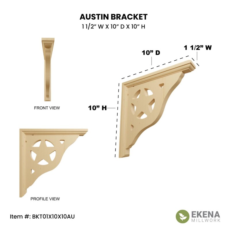Ekena Millwork BKT01X10X10AURW Austin Wood Brackets, 1 1/2"W x 10"D