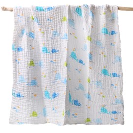 ChicMoments 41-Inch Cartoon Baby Cotton Muslin Bath Towel, Soft & Breathable & Washable Children's Gauze Towel, Also for Newborn Swaddling Blankets and Nursery Quilts (Whales, 41 * 41 Inch)