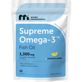 Micro Ingredients Supreme Omega-3 Fish Oil w/Ultra High EPA & DHA, Burpless Softgels | rTG Omega-3 with Vitamin D3 | Wild-Caught Cold Deep-Sea Fish | Lemon Flavor, Easy to Swallow, 60ct