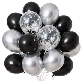 Balloons Silver Black Pack of 60, 12 Inch Metallic Balloons Silver, Confetti Balloons Silver, Helium Balloons for Birthday, Wedding, Valentine's Day, New Year's Eve Decoration