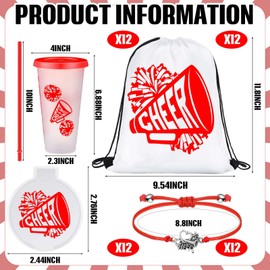 Zhehao 48 Pcs Cheer Gift Bulk for Team Cheerleading Gift Include 12 Plastic Cups with Lid and Straw, Drawstring Bags, Bracelets, Compact Mirrors for Women Party Supplies Banquet(Red)