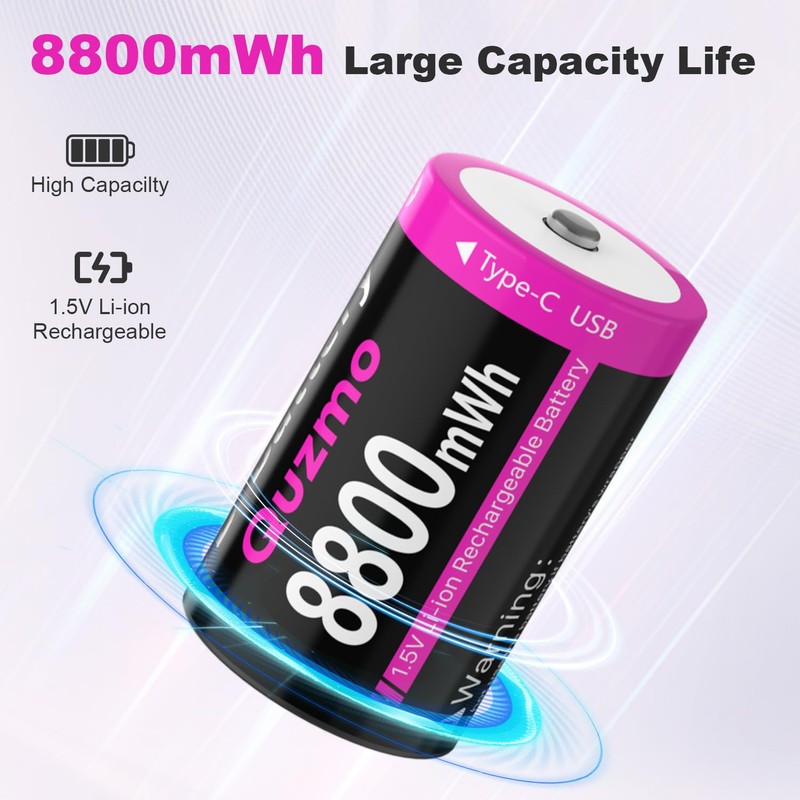 Quzmo Rechargeable Lithium D Batteries, 8800mWh 1.5V D Cell Battries