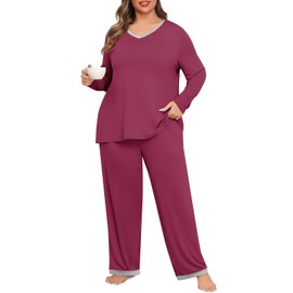 POSESHE Plus Size Pjs for Women 2 Piece Lounge Cute Sleepwear Plus Size Long Sleeve Tops Full Length Pants,Wine Red,2XL