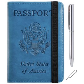 Funda para pasaporte con bloqueo RFID, funda de piel para tarjetas de viaje internacional, accesorios de viaje para mujeres y hombres, organizador de documentos de día festivo, azul,, Actualizado