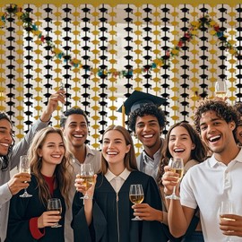 AimtoHome Graduation Party Decorations - 2 Packs Black and Gold Foil Fringe Streamers Curtains for College High School Graduate, Glitter Graduation Hats Backdrop Decorations(3.3x6.6 ft)