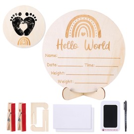Baby Announcement Sign, Wooden Baby Name Sign for Welcome Baby, Double-Sided Hello World Name Sign with Marker Pen and Ink Pad for New Baby Hand Footprints, Baby Shower (Bohemian Rainbow)