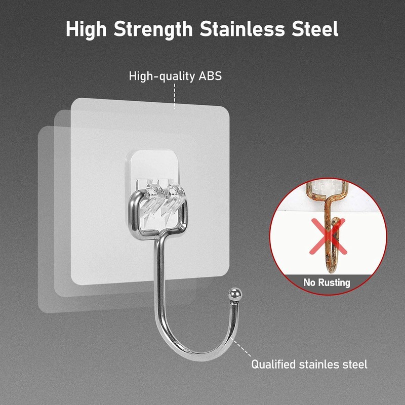 Stainless Steel Large Adhesive Hooks (8 pcs) - 22Ib/10KG Max,