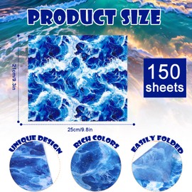 150 Pcs Ocean Waves Wax Paper Sheets for Food Deli, 9.8 x 8.3 inch Blue Sea Waves Greaseproof Wrapping Paper for Sandwich Picnic Basket Liner Beach Pool Birthday Summer Ocean Party Supplies