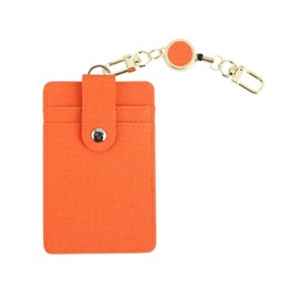 PU-ORANGE Pass Case with Reel Included, Men's, Women's, Children, Unisex, Vertical, Reel, Stretchable, Double-Sided, 2 Pieces, 3 Cards, Employee ID, Genuine Leather, PU Leather, Multicolor