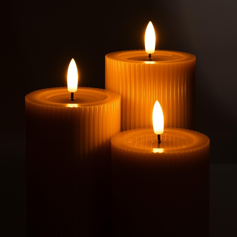 West Ivory Fluted Ribbed LED Pillar Candles, Blush Beige, with