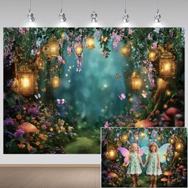 Raoycla Enchanted Forest Backdrop, Fairy Woodland Forest Mushroom Party Decorations Backdrop, Fairy Tale Butterfly Garden Backdrops for Photoshoot Photo Booth Studio Props Backdrops 7X5FT
