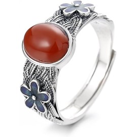 SUNYOBAO Women's Ring, Thick, One Size Fits Most, 925 Silver, Red Agate Ring, Wide, Sublite, Nankai Agate, Single Grain Blue, Cherry Blossom, Vintage Style, For School, Birthday, Lover's Day, Gift