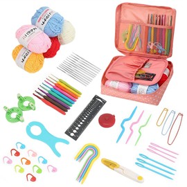 REGODI Crochet Kit, Pink Knitting Kit for Beginners with Crochet Yarn, Hooks, Accessories & Portable Storage Bag - Great for Adults, Elderly and Kids