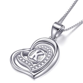 Morella® Ladies’ Necklace Heart with a letter, 925 Sterling, Rhodium-Plated Silver, with Zirconia stone, White, 46 cm, Silver