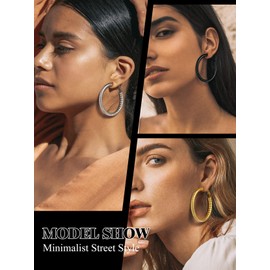 Helix Earring Hoops Black Plated 40MM Wide Hollow Round Wire Tube Loop Earring Lightweight Stainless Steel Girls Jewellery Present For Best Friend Shrimp Button Big Circle Earbob (With Gift Box)