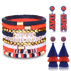 boderier 9PCS Game Day Bracelets Stackable Heishi Beaded Stretchy Bracelets LOVE GAME DAY Football Team Jewelry Sports Fan Bracelets Earrings Accessories Gifts Navy Orange