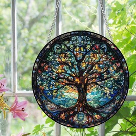 Tree of Life Stained Glass Window Hangings with Chain – Acrylic Tree Ornament for Garden, Patio and Indoor Decor, Housewarming Gift for Mom, Grandma and Nature Lovers