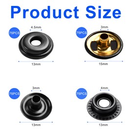 Elesunory 75 Set Metal Snap Fastener Kit, 15mm Leather Snaps, Sew-on Snap Buttons, Snap Button Press Stud Cap for Fabric Bag Coats Clothes Jackets Jeans