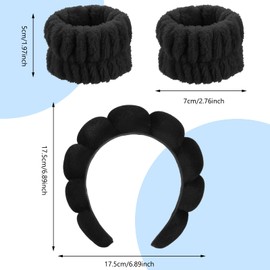 Sibba 3Pcs Sponge Spa Headband for Women, Soft Makeup Headband and Wrist Washband Set Skincare Headbands, Terry Cloth Bubble Hairband for Face Washing, Makeup Removal, Spa, Yoga, Sports, Shower(Black)