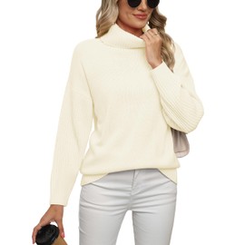 Jouica 2024 Women Fall Casual Turtleneck Batwing Sleeve Slouchy Oversized Ribbed Knit Tunic Sweaters Pullover,Beige White,Medium