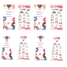 LVZGCXPO Donut Cellophane Bags 50 Rainbow Donut Candy Bags with 50 Gold Twist Ties for Birthdays, Weddings, Party Favors and Gift Wrap (Rainbow Donuts, 2 Styles)