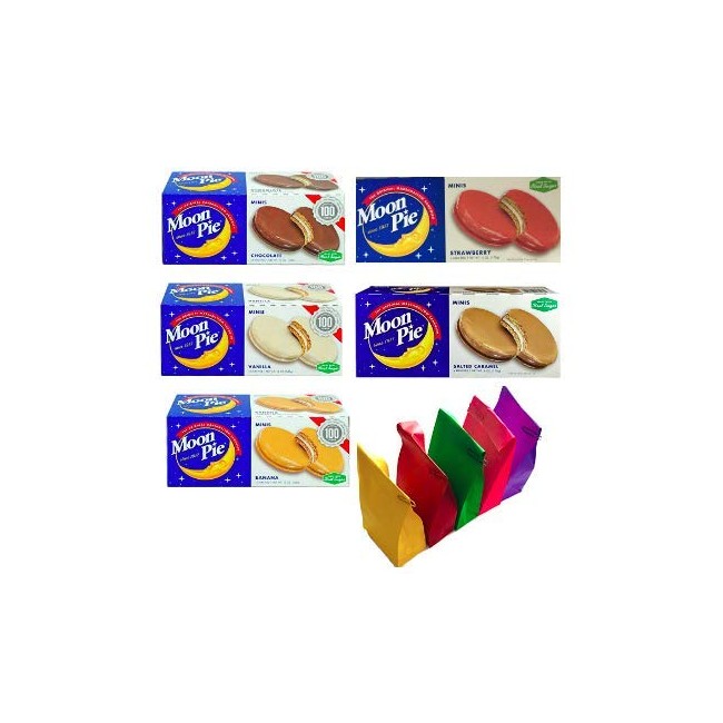 Moon Pie - Complete Variety Pack - All 5 Flavors! 5 Boxes of Mini's- 1 Salted Caramel - 1 Chocolate - 1 Strawberry - 1 Banana - 1 Vanilla 6 pies per box, 30 pies total! Bonus 5 x Colored Lunch Bags