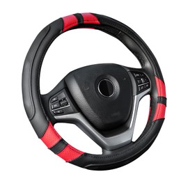 Achiou Red Car Steering Wheel Cover Universal 15 inch with Grip Contours, Leather Auto for Men and Women Non-Slip Breathable Soft and Comfortable