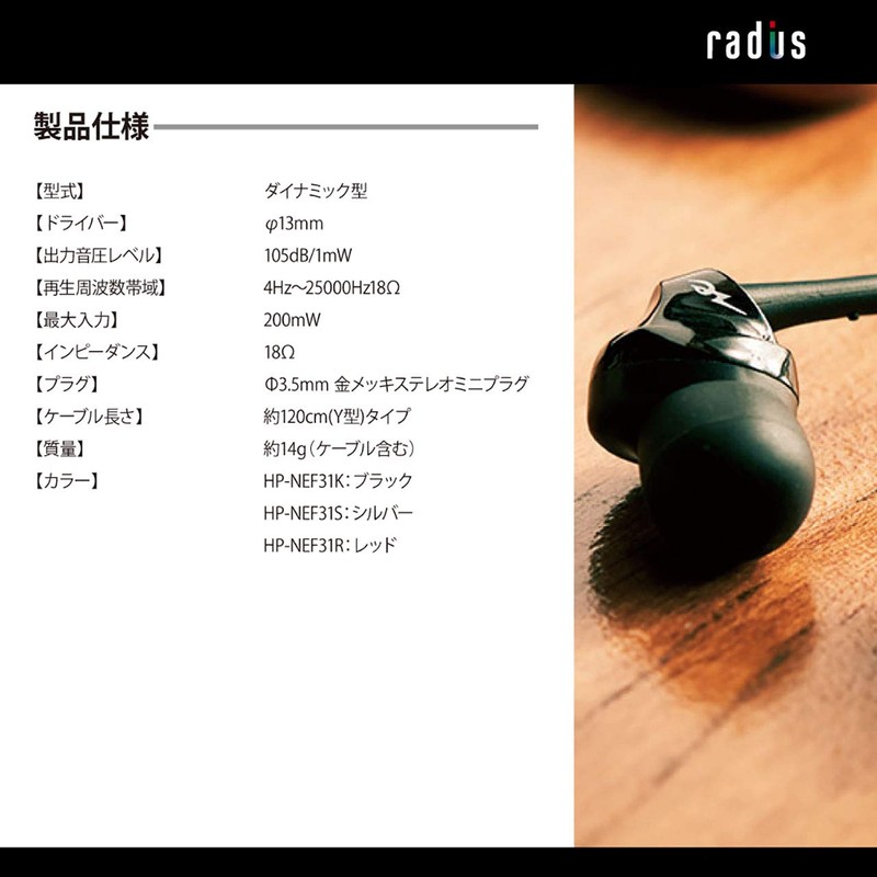 Radius HP-NEF31K Earphones: Ne High-MFD Structure, Dynamic Driver, Wired, In-Ear