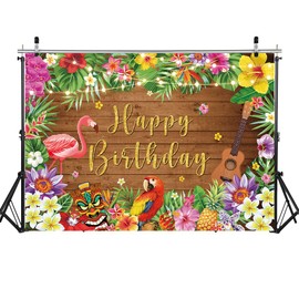 Summer Hawaiian Happy Birthday Backdrop 6x4FT Summer Floral Tropical Flamingo Wooden Birthday Background Hawaii Luau Theme Party Decorations Supplies
