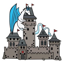 Unique Whte Mythical Beast Creature from Medieval Times Art for Kid's Bedroom Wall Decoration - Ancient Dragon Flying Over Huge Castle Artwork Vinyl Wall Decal - 28" x 22"