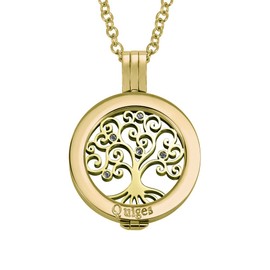 Quiges 70cm Necklace Set Gold Plated Stainless Steel with Pendant and 25mm Natural Tree of Life Crystal Coin