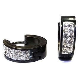 Caprilite Surgical Stainless Steel Black 2 Row Crystal Rhinestone Huggie Hoop Earrings Mens Womens
