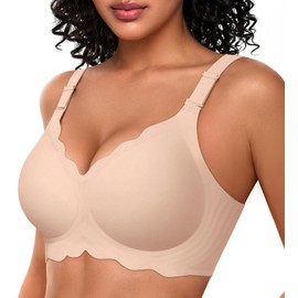 OEAK Womens Seamless Scalloped Bras No Underwire Push Up Full Coverage Bra Comfortable Soft Convertible Everyday Tshirt Bra Nude,M