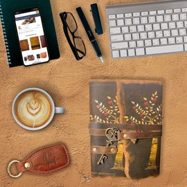 Urban Leather 7 inch Tree Life Heart Leaves Key Journal with Rustic Old Antique Deckle Edge Pages for Men Women Vintage Sketchbook Leather Bound Notebook Print Diary Blank Unlined Paper