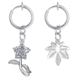 LAURITAMI Fake Belly Button Piercing Clamp Silver Women's Clip On Helix Cartilage Ear Earring Non-Pierced Spring Hoop 10 mm with Dangle Pendant Pack of 2, Stainless Steel