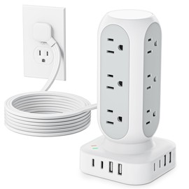 Tower Power Strip with Surge Protection, Flat Plug Outlet Extender with 12 AC Outlets & 8 USB Ports, 5 FT Extension Cord with Multiple Outlets, 24W Total Charging Station for Home Office Dorm Room