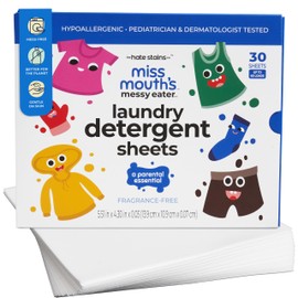 Miss Mouth's Messy Eater Laundry Detergent Sheets - Laundry Detergent, Hypoallergenic, Sensitive Skin Safe, Pediatrician and Dermatologist Tested, Fragrance Free, Travel Friendly, 60 loads
