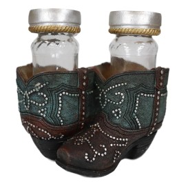Ebros Fancy Beads Turquoise Pair Of Cowgirl Boots Salt and Pepper Shakers Holder